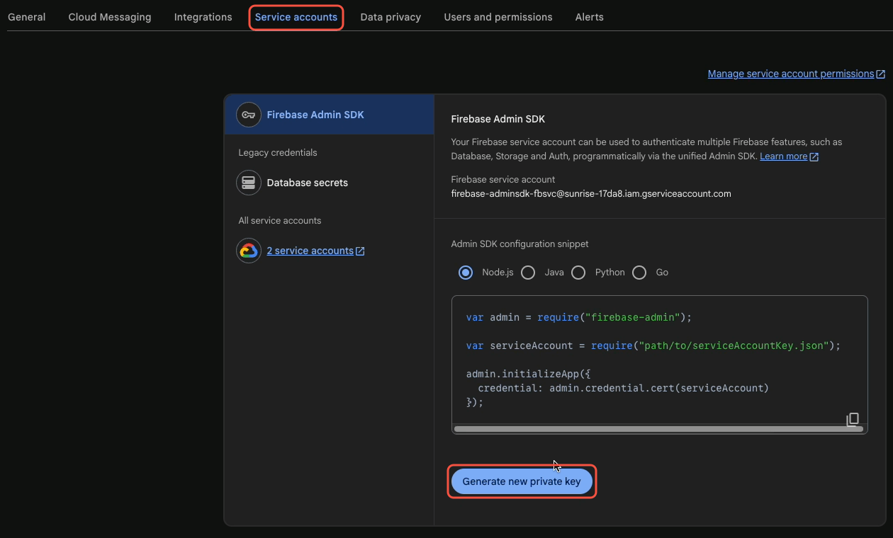 Service accounts: Generate new private key
